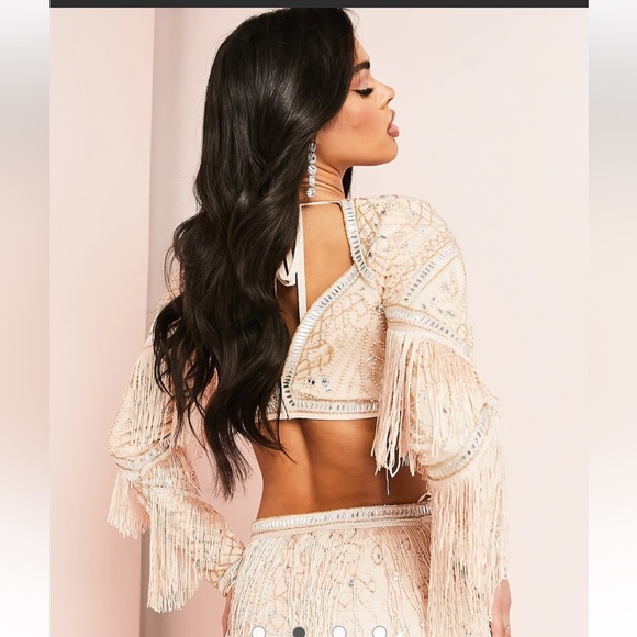 ASOS LUXE Embellished Tassel Crop Top in Blush - Picture 2 of 7